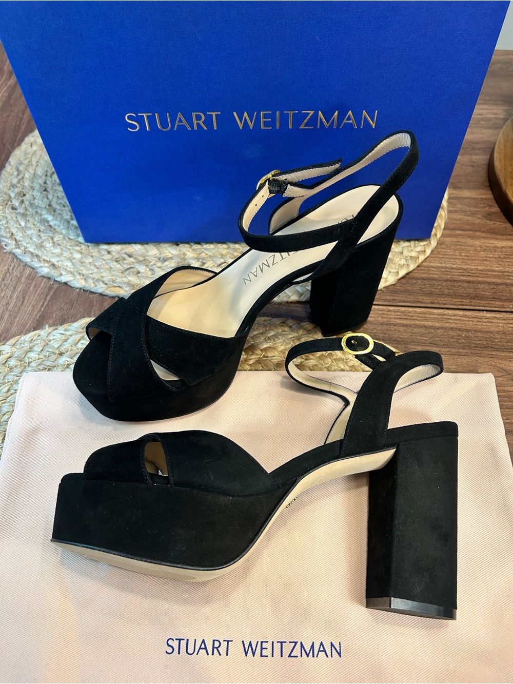 Stuart Weitzman Black Suede Platform Block-Heel Sandals (sz 8) - Picture 2 of 14